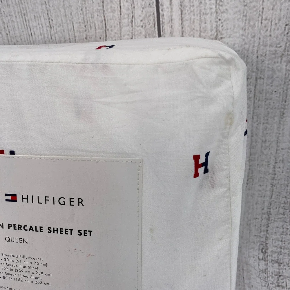 Tommy Hilfiger Sheet Set Queen White Varsity H Logo Percale Cotton Preppy Decor